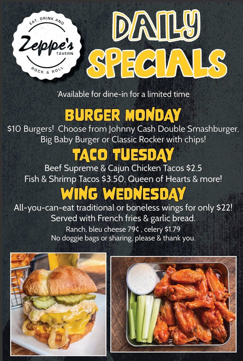 Zeppe's Tavern daily specials menu with food.