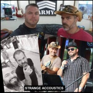 Two men posing in a collage titled 'Strange Accoustics'.