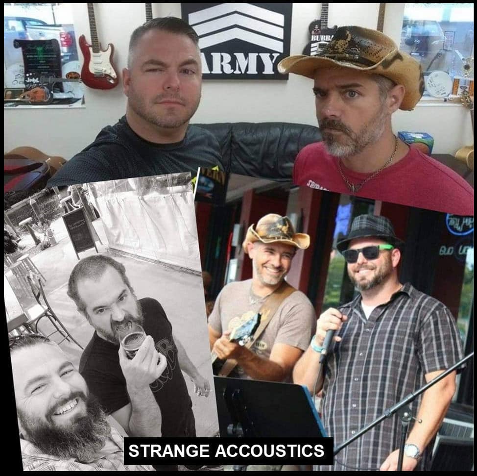 Two men posing in a collage titled 'Strange Accoustics'.