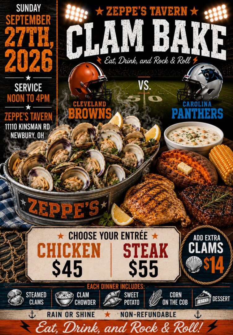 Clam bake event poster with food details.