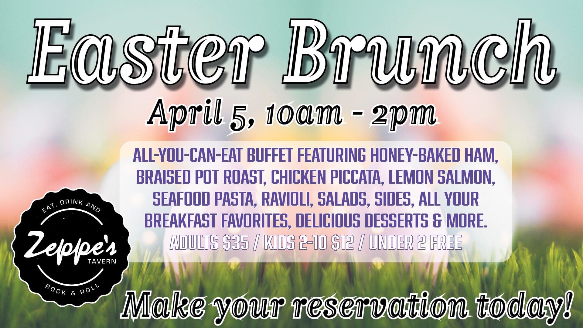 Easter Brunch flyer with menu highlights and reservation info.