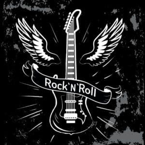 Electric guitar with wings and Rock N Roll banner on grunge background.