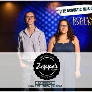 Two musicians posing for a promotional photo at Zeppos for a live acoustic music event.