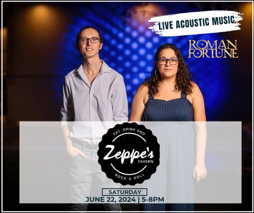 Two musicians posing for a promotional photo at Zeppos for a live acoustic music event.