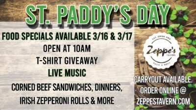 St. Paddy's Day specials with live music, raffles, and a food on March 16-17.