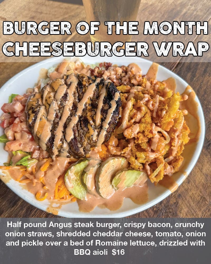 Cheeseburger wrap bowl drizzled with BBQ aioli