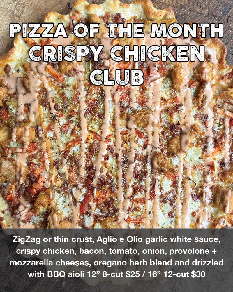 Garlic-white sauce chicken pizza with bacon and aioli