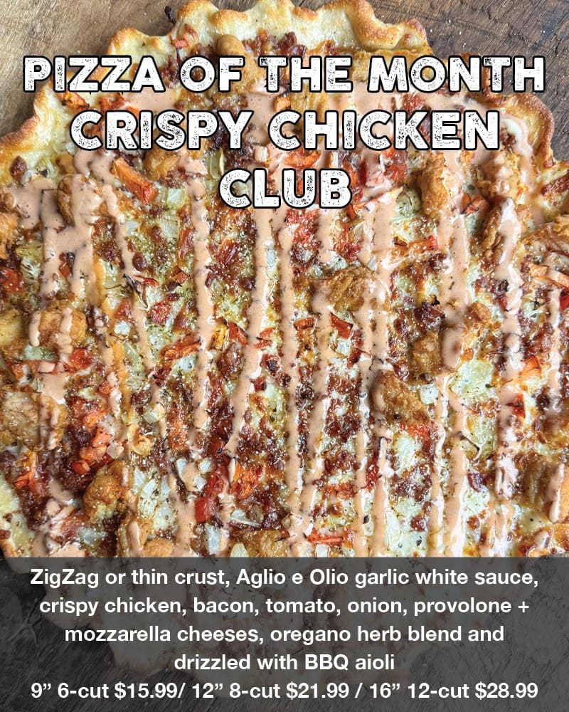 Thin-crust chicken club pizza drizzled with BBQ aioli