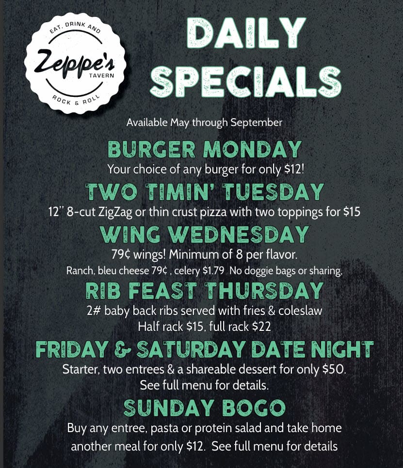 Chalkboard listing daily restaurant specials and deals
