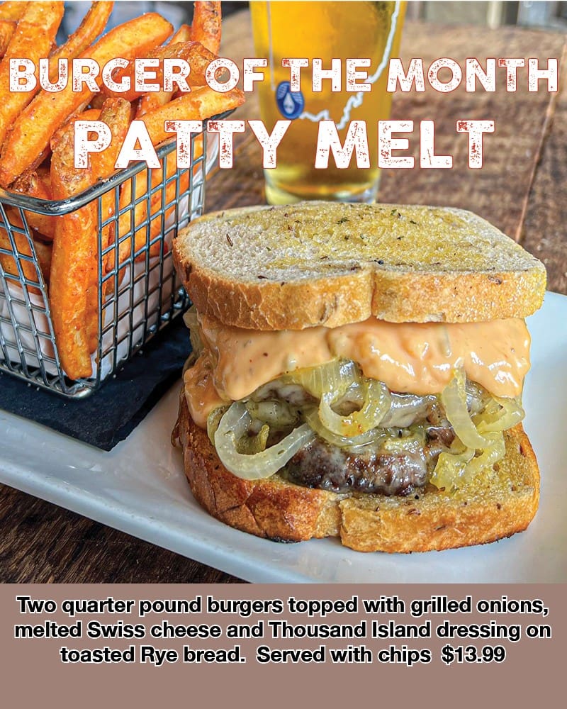 "Patty melt burger with sweet potato fries"