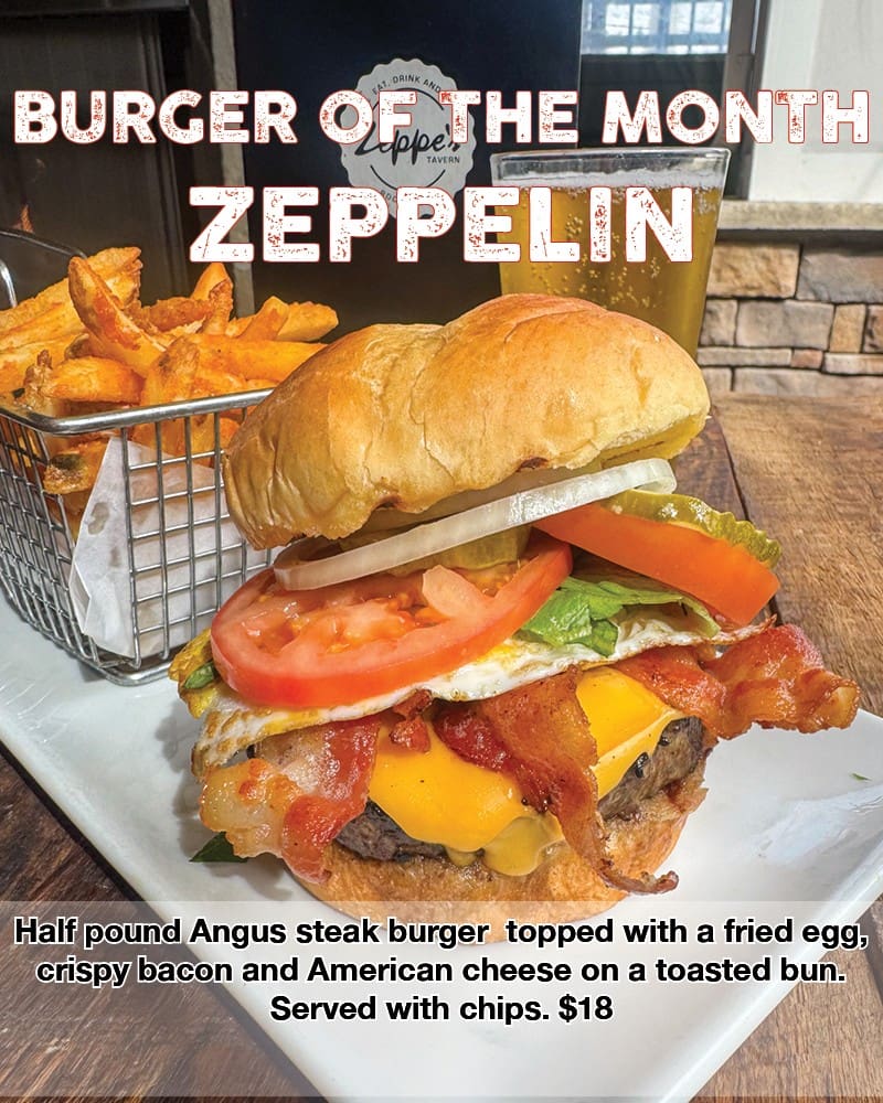 Hearty burger with bacon and fried egg.